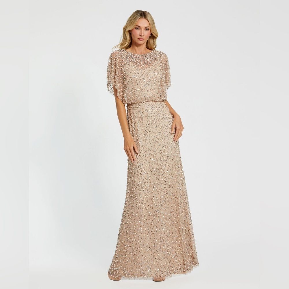 MAC DUGGAL 14523 Beige Beaded Mesh Cape Gown Dress Size 8